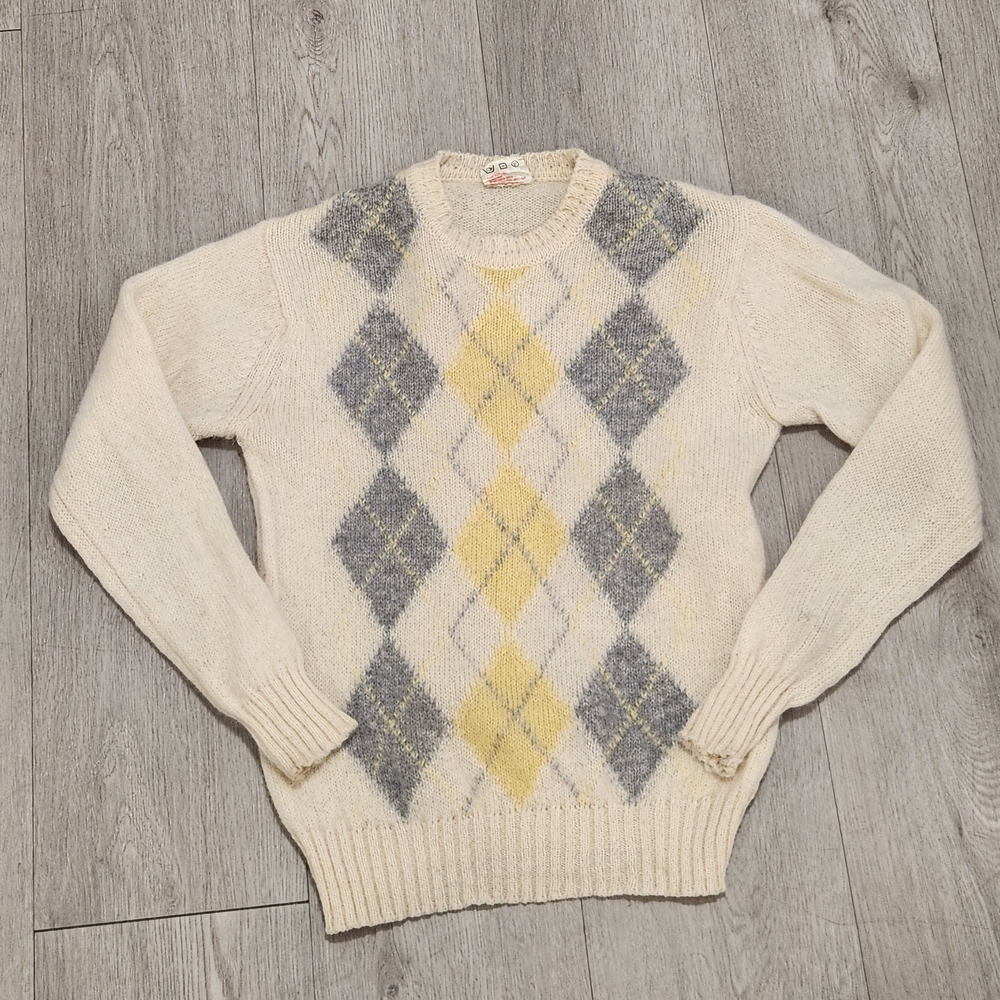 Men's Argyle Crewneck Sweater - Cream, Yellow, and Gray